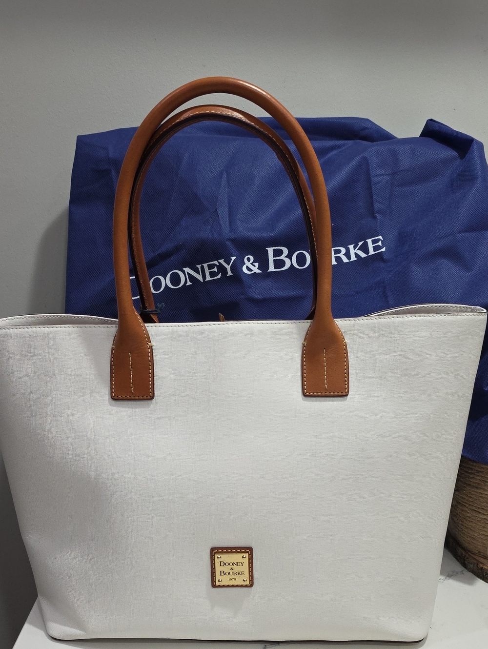 Dooney & Bourke White Tote with Brown Leather Handles